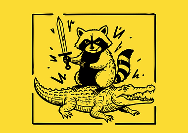 Raccoon riding crocodile with sword
