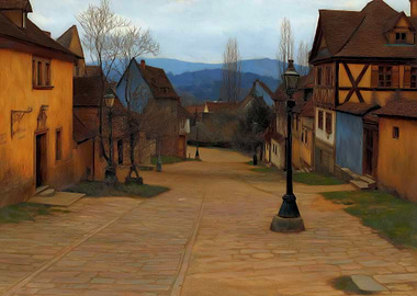 European Village Street Scene Painting
