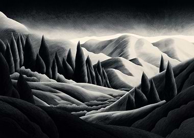 Monochromatic Mountain Landscape with Trees