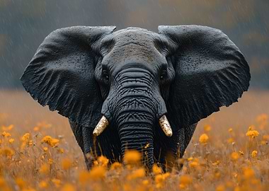 Elephant in a field of flowers
