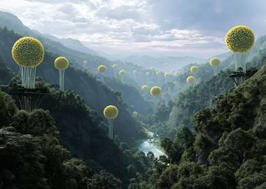 Surreal Landscape with Yellow Orb Trees