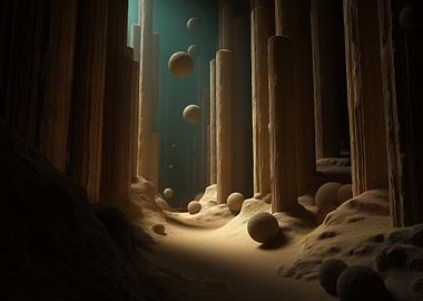 Surreal Landscape with Spheres and Pillars