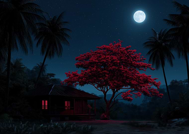 Tropical Night Landscape with Red Tree