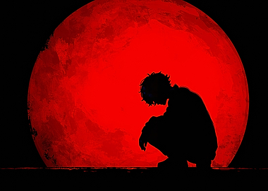 Silhouette of a Person Under Red Moon