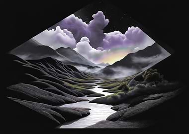 Mountain River Landscape with Cloudy Sky