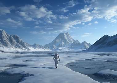 Astronaut Walking on Snowy Landscape