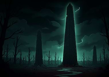 Dark Obelisk Landscape with Lightning