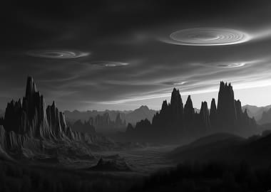Monochrome Alien Landscape with Mountain Peaks