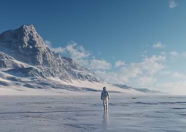 Astronaut on Snowy Exoplanet Landscape