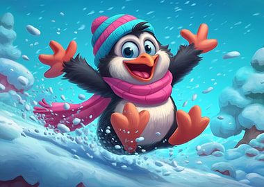 Cartoon Penguin Sledding in Winter Landscape