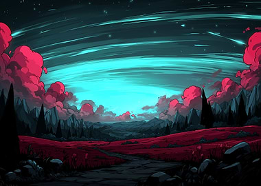 Stylized Landscape with Pink Clouds