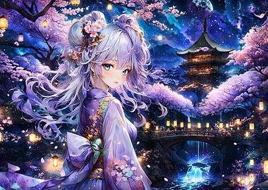 Anime Girl in Kimono with Cherry Blossoms
