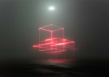Red Neon Cubes in Fog
