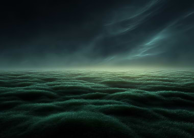 Mystical Green Landscape Under Dark Sky