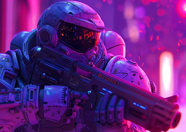 Futuristic Soldier with Gun in Neon Light
