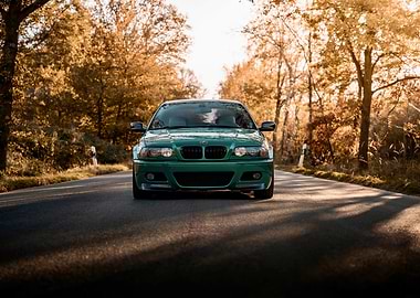Green BMW on Autumn Road