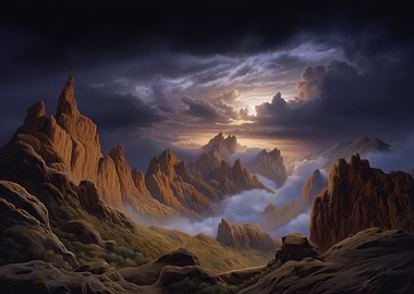 Dramatic Mountain Landscape with Cloudy Sky