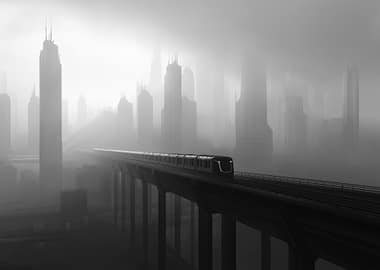 Monochrome Train in Foggy Cityscape