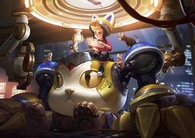 Girl with Robotic Cat and Cats