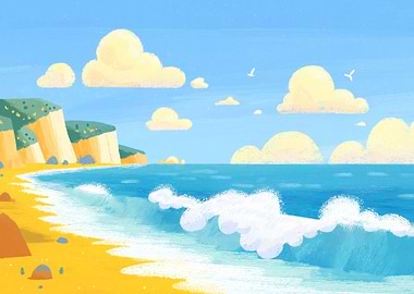 Cartoon Beach Landscape with Cliffs