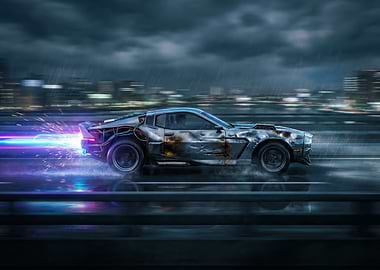 Cyberpunk Car Racing in the Rain