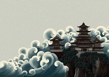 Japanese Temple on Cliff with Waves