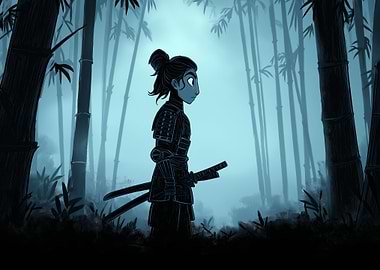 Samurai in Bamboo Forest Illustration