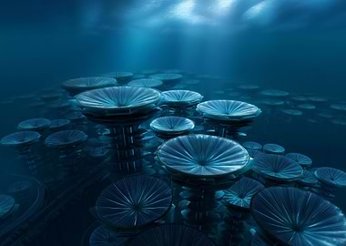 Underwater landscape with mushroom-like structures