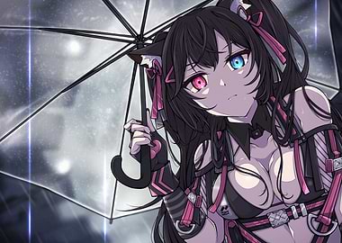 Anime Girl with Umbrella in Rain