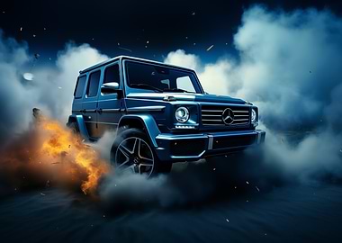 Blue luxury SUV in smoke