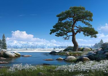 Winter Landscape with Tree and Lake