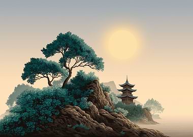 Japanese Landscape with Pagoda and Trees