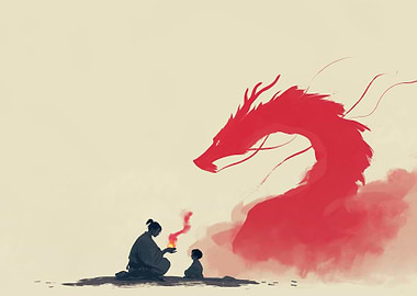 Samurai, Child, and Red Dragon Silhouette