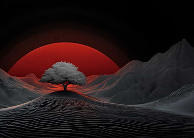 Monochrome Landscape with Red Sun and Tree