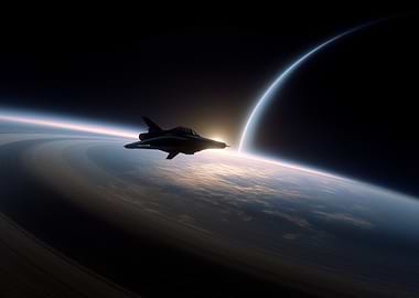 Spacecraft over ringed planet