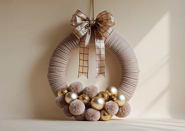 Beige Yarn Wreath with Gold Accents