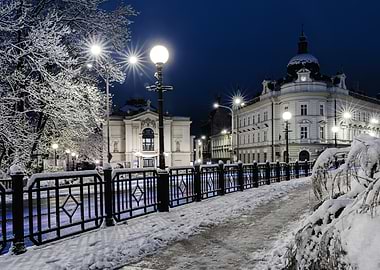 Winter Night Cityscape with Snow, Bielsko Biala, Poland