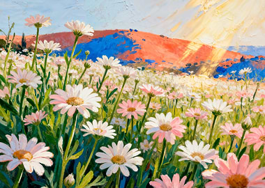 Daisy Field Painting with Sunlight