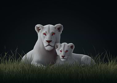 White Lioness and Cub with Red Eyes