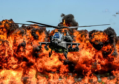Apache Helicopter in Front of Explosion