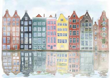 Amsterdam Canal Houses Watercolor Painting