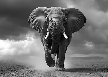 Elephant Walking in Black and White