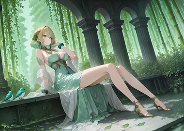 Anime Girl in Green Garden Setting