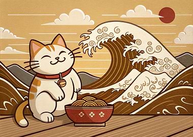 Lucky Cat with Noodles and Wave