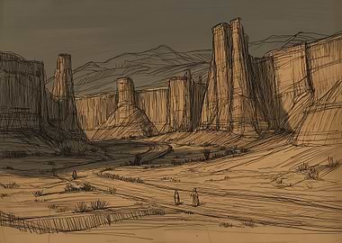 Desert Landscape Sketch with Figures