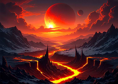 Volcanic Landscape with Red Sky