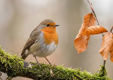 Robin perched on mossy branch