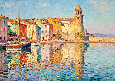 Impressionist Harbor Scene with Colorful Buildings