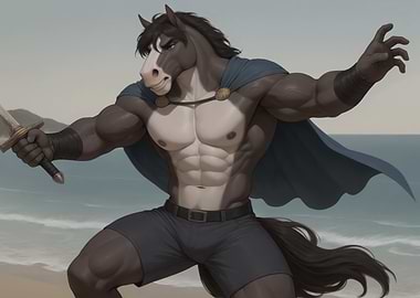Muscular Horse Warrior on Beach