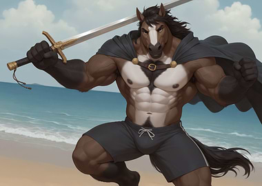 Muscular Horse Warrior on Beach